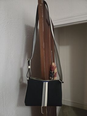 Rothy's Black Crossbody with Center Gray-White Stripe and Gold Zipper